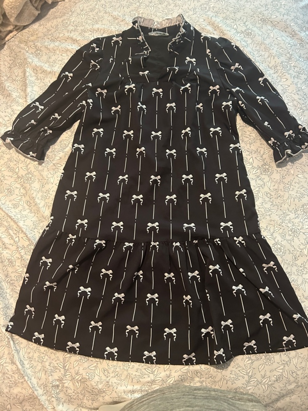 Black Midi Dress with Bow Print, perfect for fall